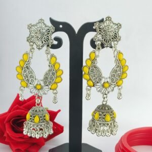 Oxidized Silver and Yellow Acrylic Jhumka Earrings