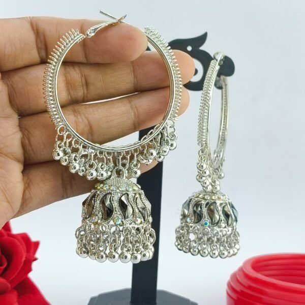 Oxidized Silver Hoop Jhumka Earrings with Stone Accents