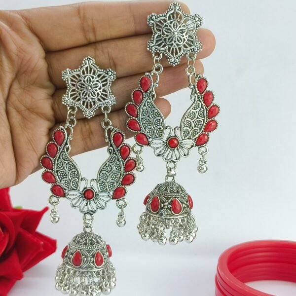 Oxidized Silver and Red Acrylic Jhumka Earrings