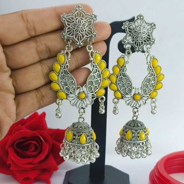 Oxidized Silver and Yellow Acrylic Jhumka Earrings - Image 2