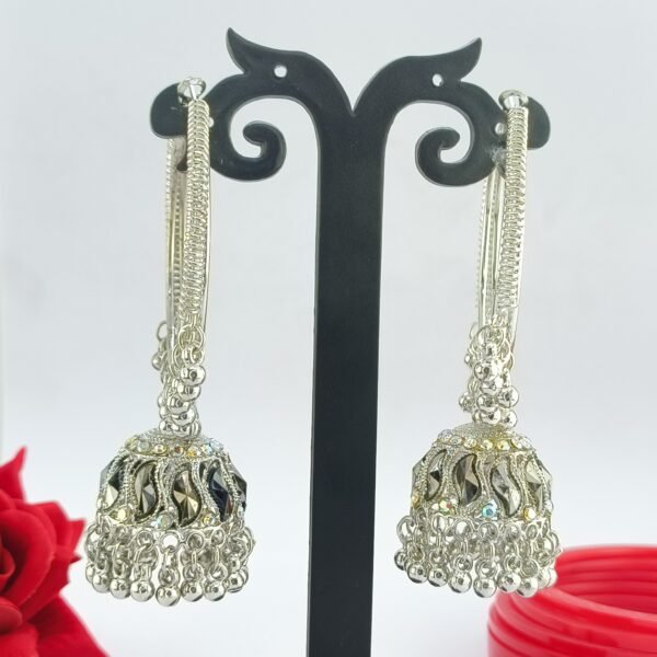 Oxidized Silver Hoop Jhumka Earrings with Stone Accents - Image 2