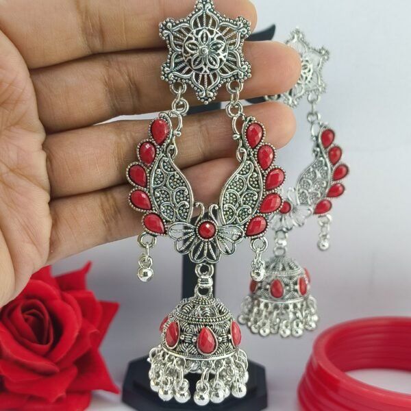 Oxidized Silver and Red Acrylic Jhumka Earrings - Image 2