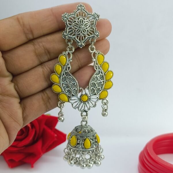 Oxidized Silver and Yellow Acrylic Jhumka Earrings - Image 3