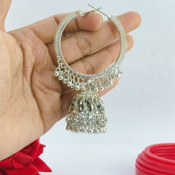 Oxidized Silver Hoop Jhumka Earrings with Stone Accents - Image 3