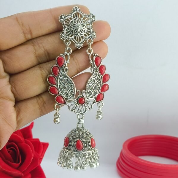 Oxidized Silver and Red Acrylic Jhumka Earrings - Image 3