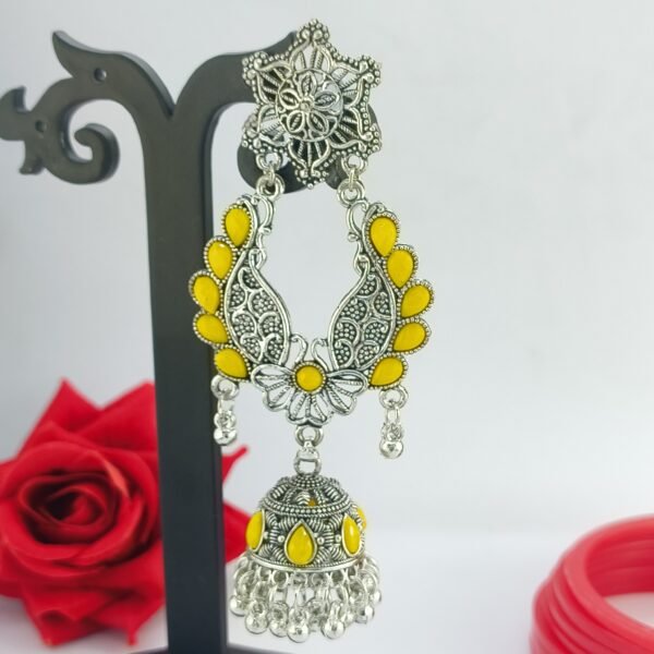 Oxidized Silver and Yellow Acrylic Jhumka Earrings - Image 4