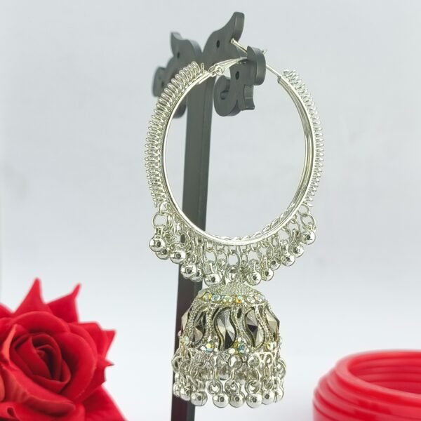 Oxidized Silver Hoop Jhumka Earrings with Stone Accents - Image 4