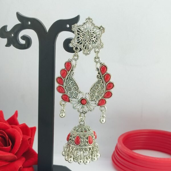 Oxidized Silver and Red Acrylic Jhumka Earrings - Image 4