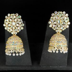 Golden Kundan Jhumka Earrings with Floral Stud and Beaded Hangings