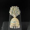 Golden Kundan Jhumka Earrings with Floral Stud and Beaded Hangings - Image 2