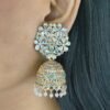 Golden Kundan Jhumka Earrings with Floral Stud and Beaded Hangings - Image 3