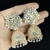 Golden Kundan Jhumka Earrings with Floral Stud and Beaded Hangings - Image 4