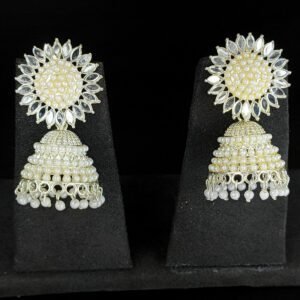 White Pearl Oxidised Jhumka Earrings with Floral Stud Design