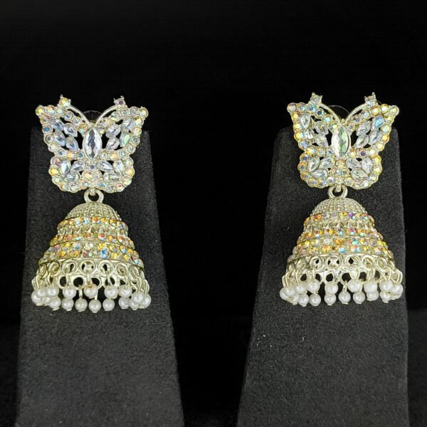 Butterfly Design Oxidised Jhumka Earrings with White Beads