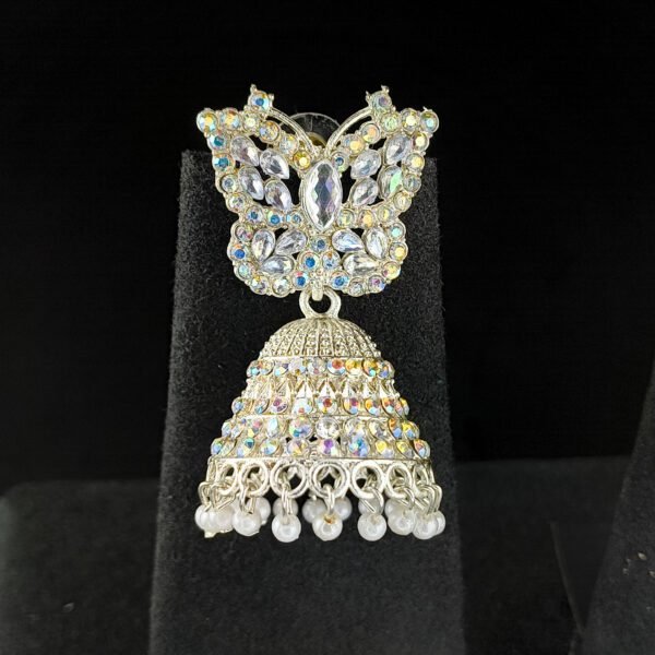Butterfly Design Oxidised Jhumka Earrings with White Beads - Image 2