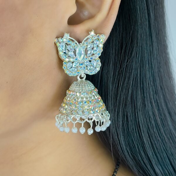 Butterfly Design Oxidised Jhumka Earrings with White Beads - Image 3