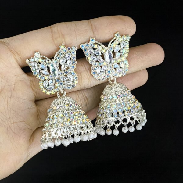 Butterfly Design Oxidised Jhumka Earrings with White Beads - Image 4