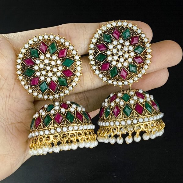 Traditional Kundan Pearl Jhumka Earrings - Image 2