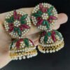 Traditional Golden Red and Green with Pearls Jhumka Earring - Image 2