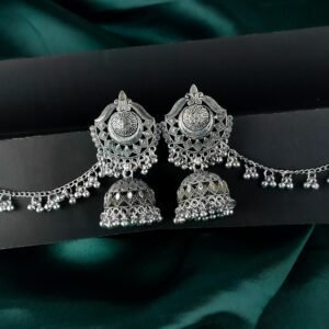 Oxidized Silver Floral Motif Jhumka Earrings with Chain Extension