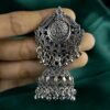 Oxidized Silver Floral Motif Jhumka Earrings with Chain Extension - Image 4