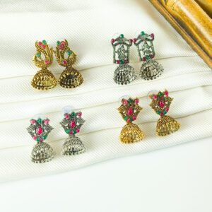 Combo of 4 Traditional Oxidised & Gold Plated Jhumka Earrings with Stone Work