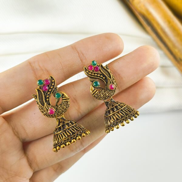 Combo of 4 Traditional Oxidised & Gold Plated Jhumka Earrings with Stone Work - Image 3