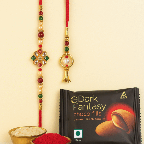 Designer Kundan Bhaiya Bhabhi Rakhi Set (Bhaiya Bhabhi Rakhi Set, Chawal-Roli Packet, 2 Dark Fantasy Choco Fills) - Image 2