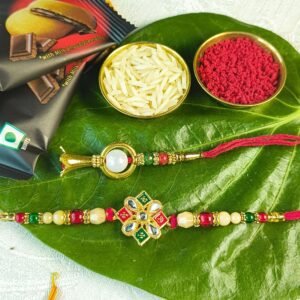Designer Kundan Bhaiya Bhabhi Rakhi Set (Bhaiya Bhabhi Rakhi Set, Chawal-Roli Packet, 2 Dark Fantasy Choco Fills)