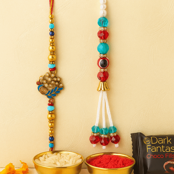 Bhaiya Bhabhi Bhaiya Bhabhi Rakhi Set: Unique Design, Cookies, Roli & Akshat Assorted Chawal Roli Pack, Rakhi, Lumba Set (Bhaiya Bhabhi Rakhi Set, Chawal-Roli Packet, 2 Dark Fantasy Choco Fills) - Image 2
