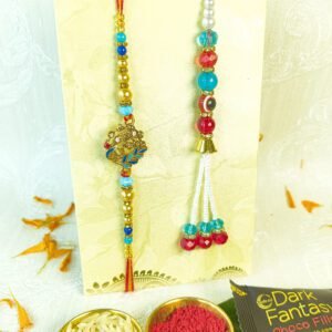 Bhaiya Bhabhi Bhaiya Bhabhi Rakhi Set: Unique Design, Cookies, Roli & Akshat Assorted Chawal Roli Pack, Rakhi, Lumba Set (Bhaiya Bhabhi Rakhi Set, Chawal-Roli Packet, 2 Dark Fantasy Choco Fills)