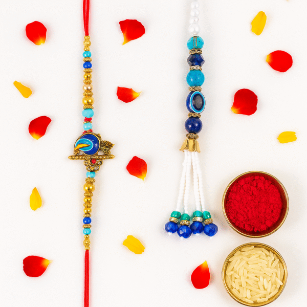 Designer Peacock Rakhi Set For Bhaiya & Bhabhi (Bhaiya Bhabhi Rakhi Set, Chawal-Roli Packet, 2 Dark Fantasy Choco Fills) - Image 2