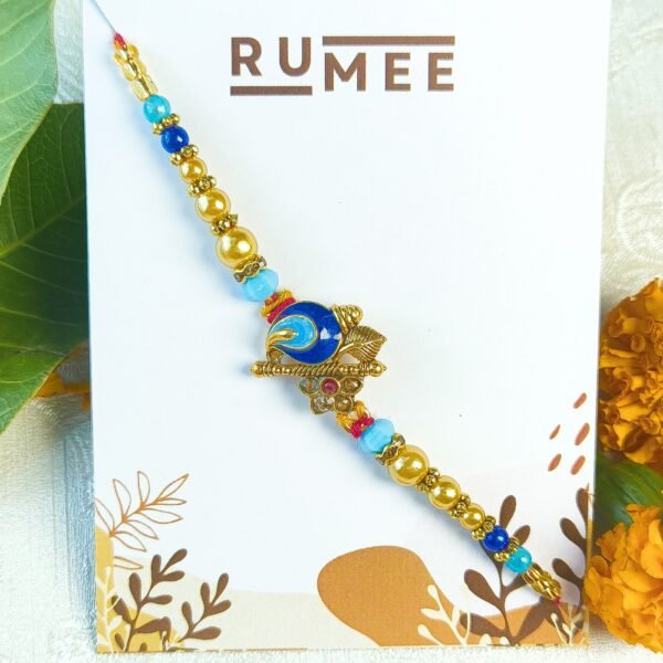 Designer Peacock Rakhi Set For Bhaiya & Bhabhi (Bhaiya Bhabhi Rakhi Set, Chawal-Roli Packet, 2 Dark Fantasy Choco Fills) - Image 3