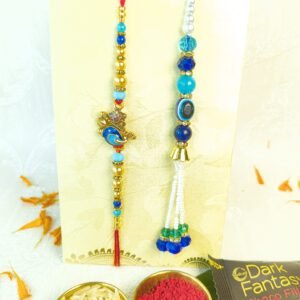Designer Peacock Rakhi Set For Bhaiya & Bhabhi (Bhaiya Bhabhi Rakhi Set, Chawal-Roli Packet, 2 Dark Fantasy Choco Fills)