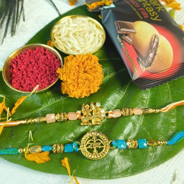 Designer Rakhi Set of 2 For Brother (Rakhi Set of 2, Chawal-Roli Packet, 1 Dark Fantasy Choco Fills) - Image 2
