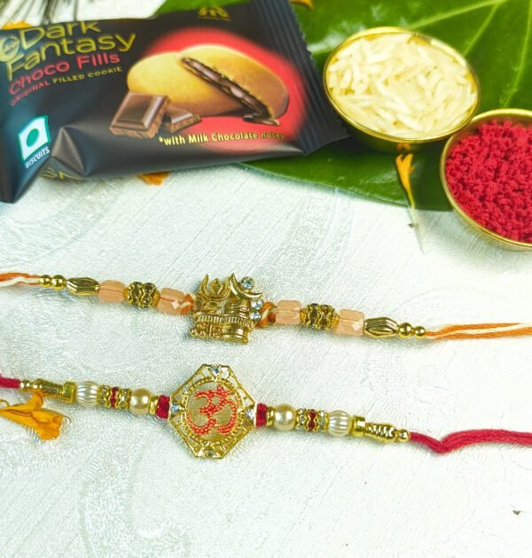 Designer Rakhi Set of 2 For Brother Combo with Chawal Roli Pack & Sweet Delight (Rakhi Set of 2, Chawal-Roli Packet, 1 Dark Fantasy Choco Fills) - Image 2