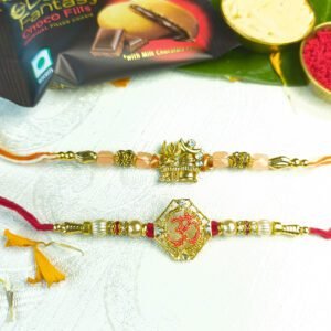 Designer Rakhi Set of 2 For Brother Combo with Chawal Roli Pack & Sweet Delight (Rakhi Set of 2, Chawal-Roli Packet, 1 Dark Fantasy Choco Fills)